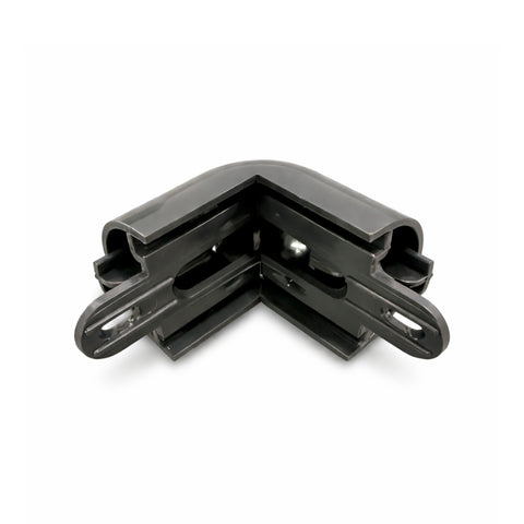 Black plastic corner bracket on a white background