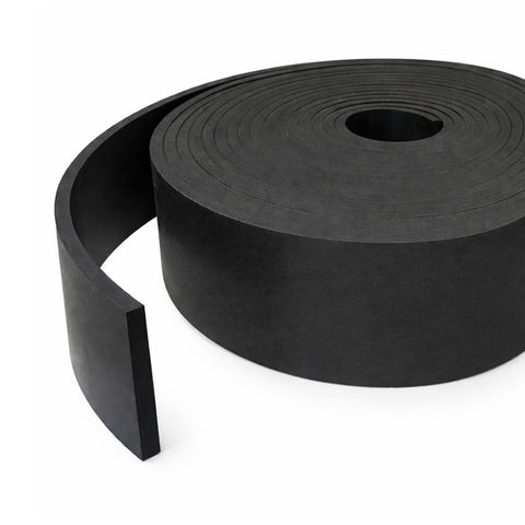 Roll of black neoprene sweeper strip on a white background