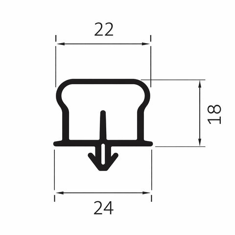 Technical drawing of a metal clip with dimensions labeled. Portiso commercial door gasket - Absolute Coldroom