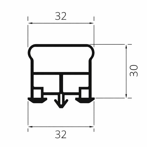 Technical drawing of a profile with dimensions labeled. Portiso Sliding Door Gasket 