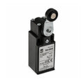 Mechanical limit switch with label on a white background