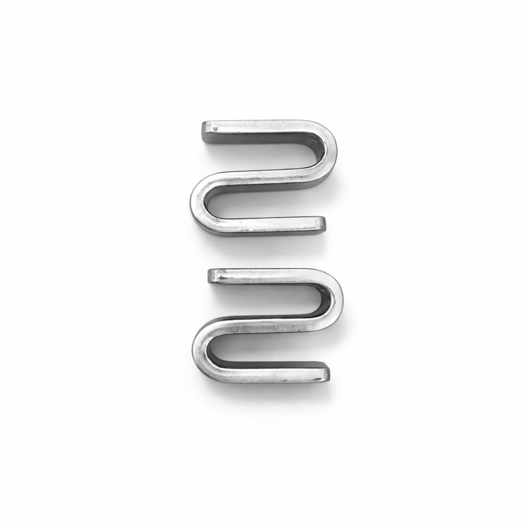 2 stainless steel S hooks on white background