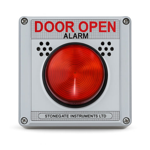 Door open alarm with red light and 'DOOR OPEN ALARM' text on a white background