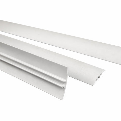 Three white plastic strips on a white background