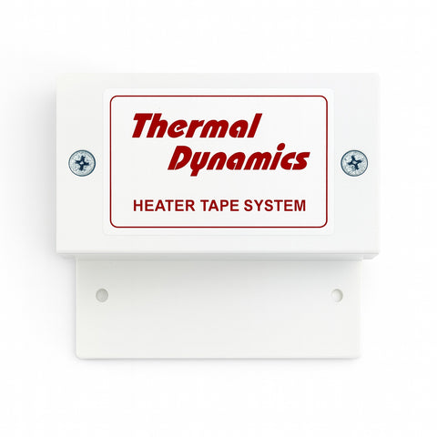 White plastic connection box with red thermal dynamics text on white background