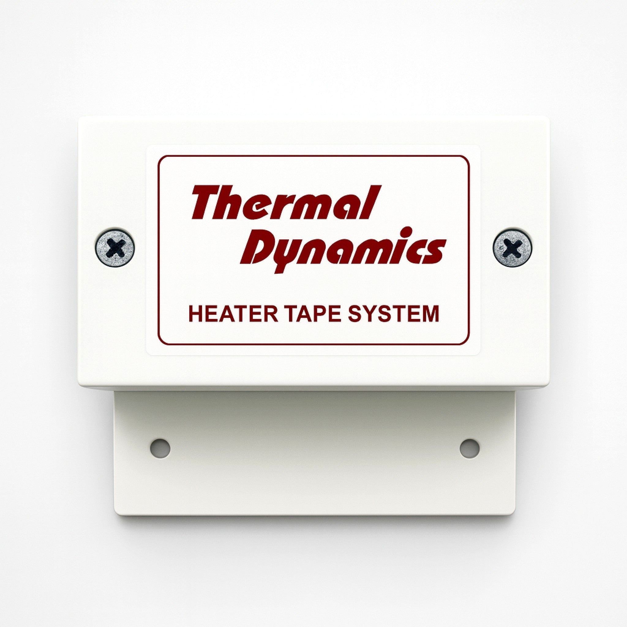 White plastic connection box with red thermal dynamics text on white background
