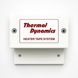 White plastic connection box with red thermal dynamics text on white background